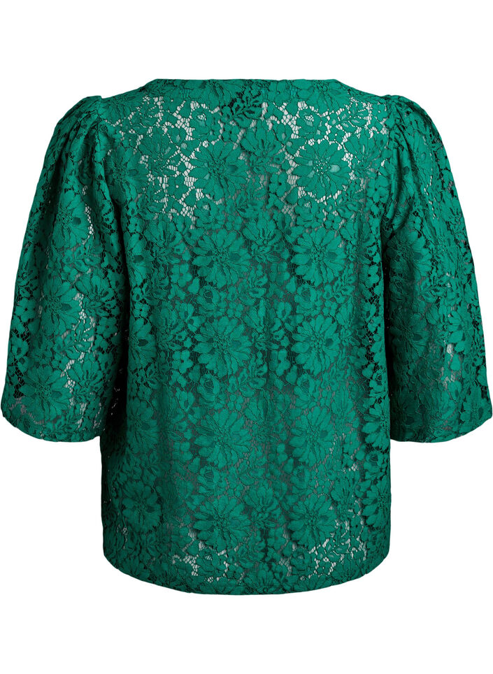 Spetsblus med 3/4-ärm och rosetter framtill, Grön, Packshot image number 1