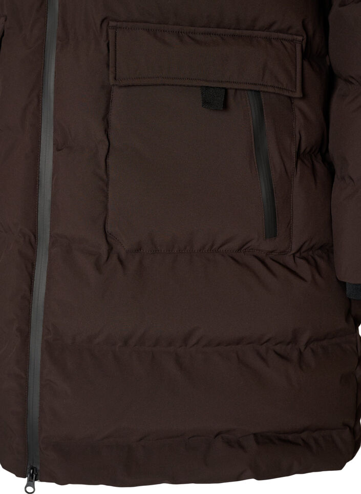 Pufferkappa med huva och fickor, Brun, Packshot image number 3