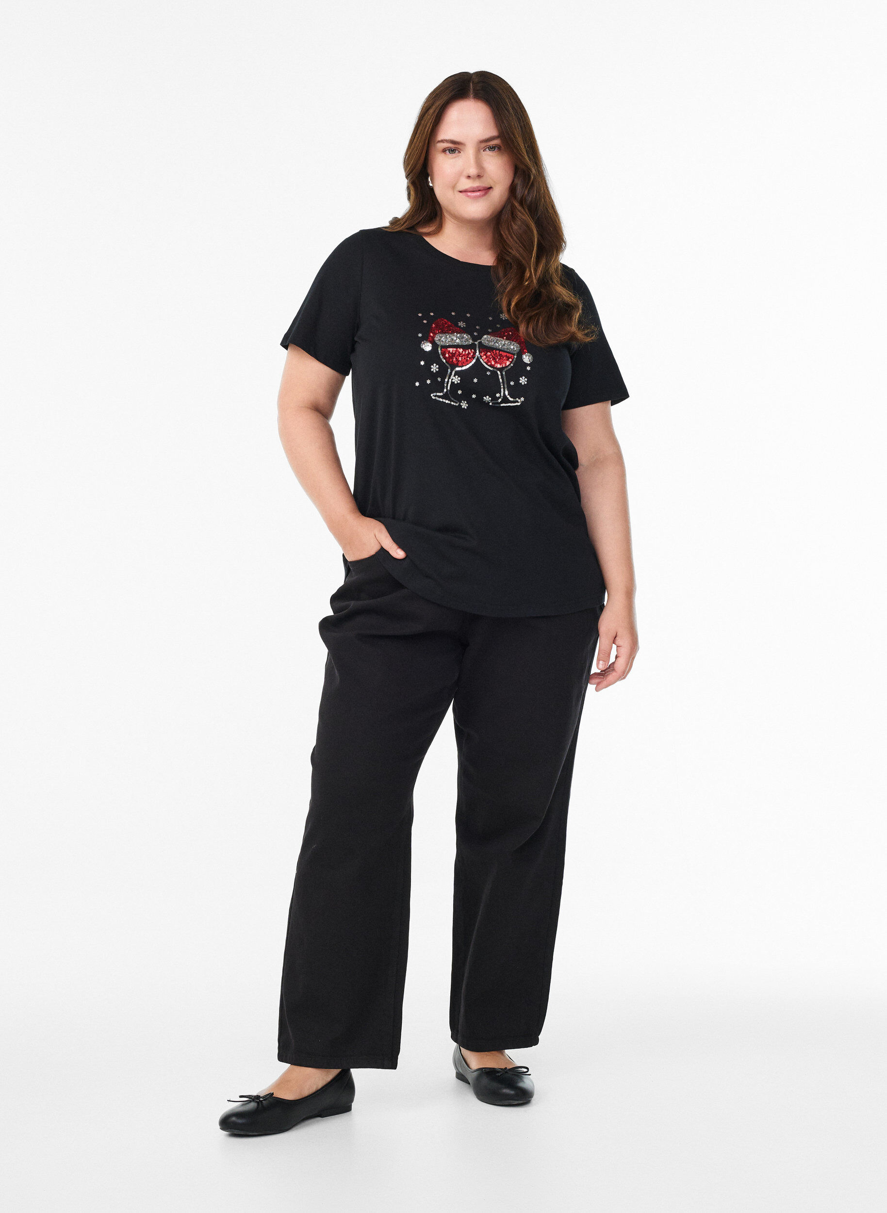 Zizzi Jul-t-shirt i ekologisk bomull, Svart, Model image number 1