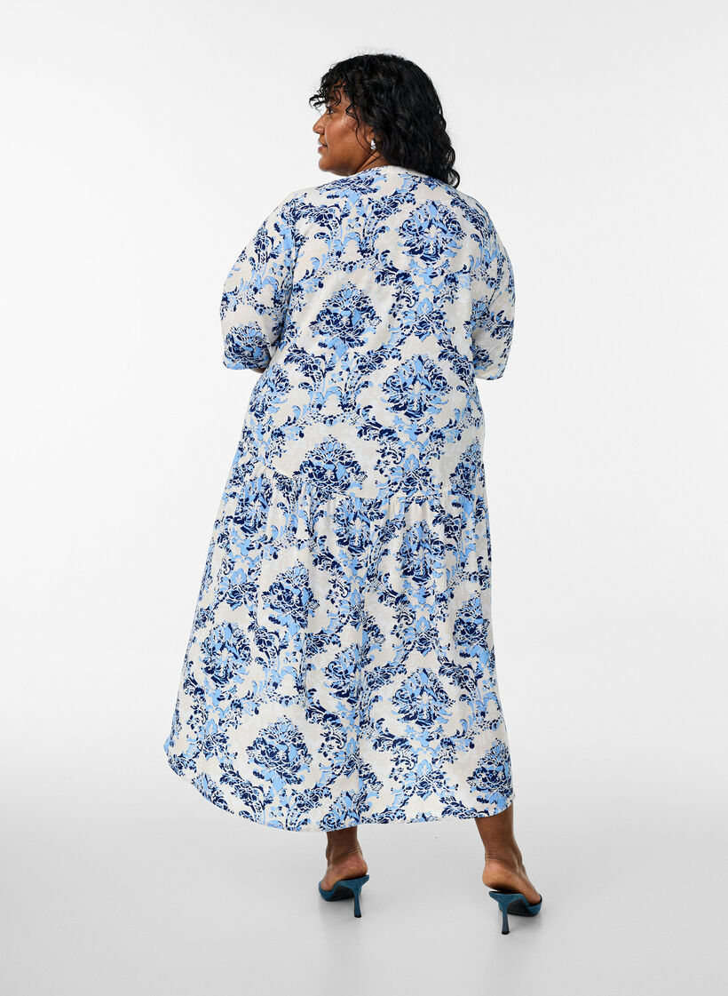 Midiklänning i A-linjeform med kort ärm, Beige, Model image number 2