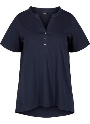 T-shirt i bomull med v-ringad hals och knappar, Night Sky, Packshot image number 0