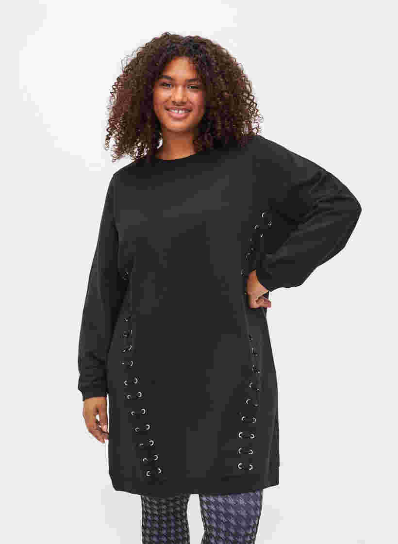 Tunika i sweatshirtmaterial med snörning, Black, Model image number 0