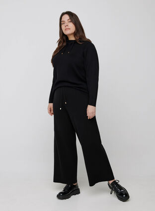 Stickad tröja med luva och snöre, Black, Model image number 2