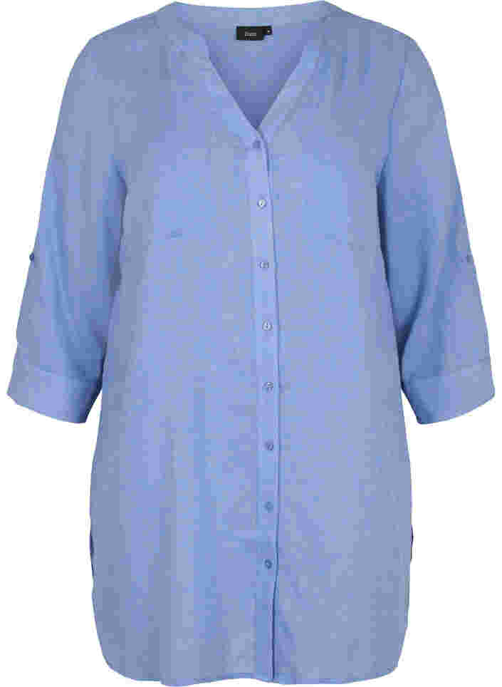 Lång skjorta med 3/4-ärmar och v-ringning, Ultramarine, Packshot image number 0