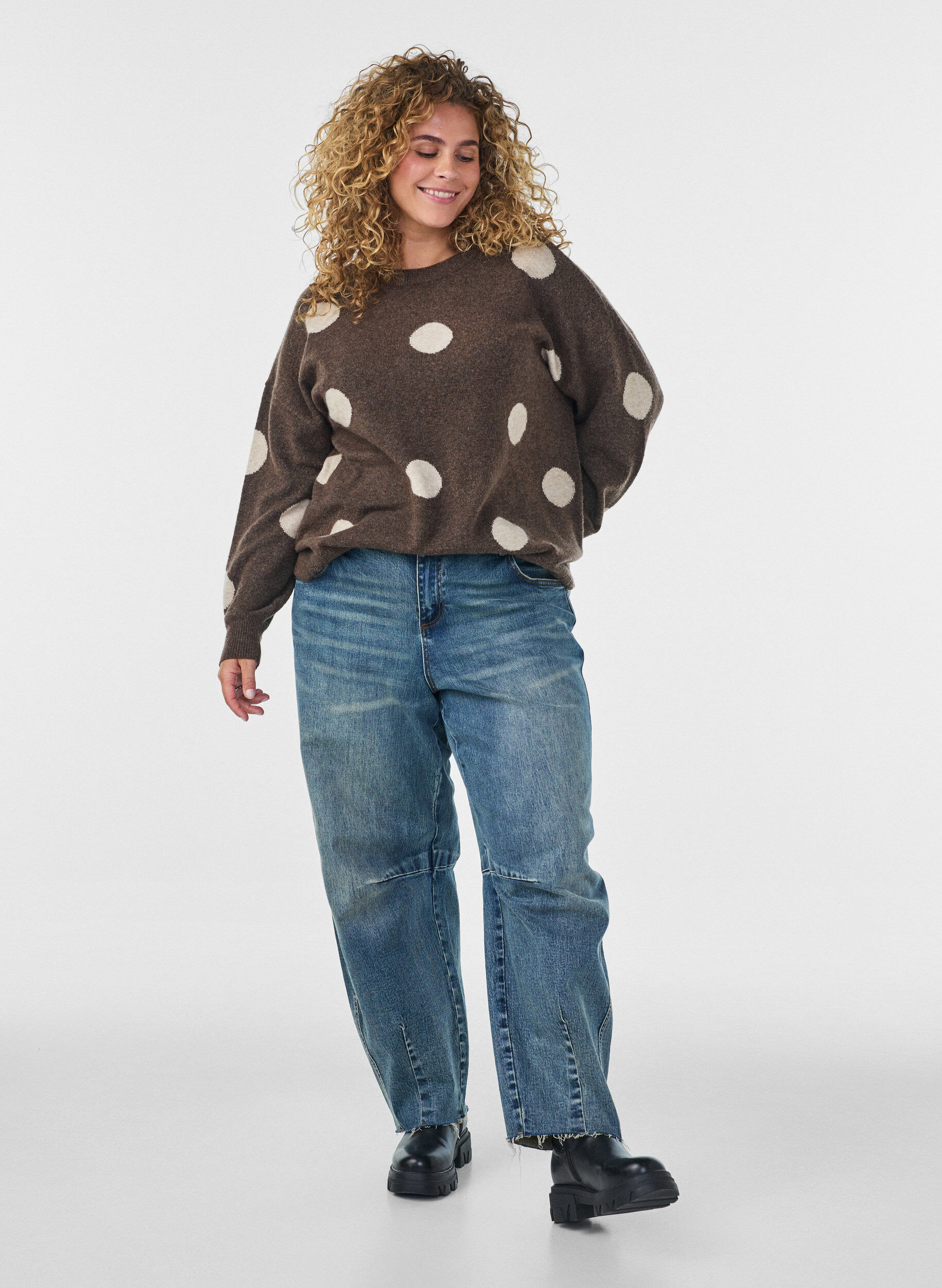 ZizziStickad blus med prickigt m&ouml;nster, Brun, Model image number 1