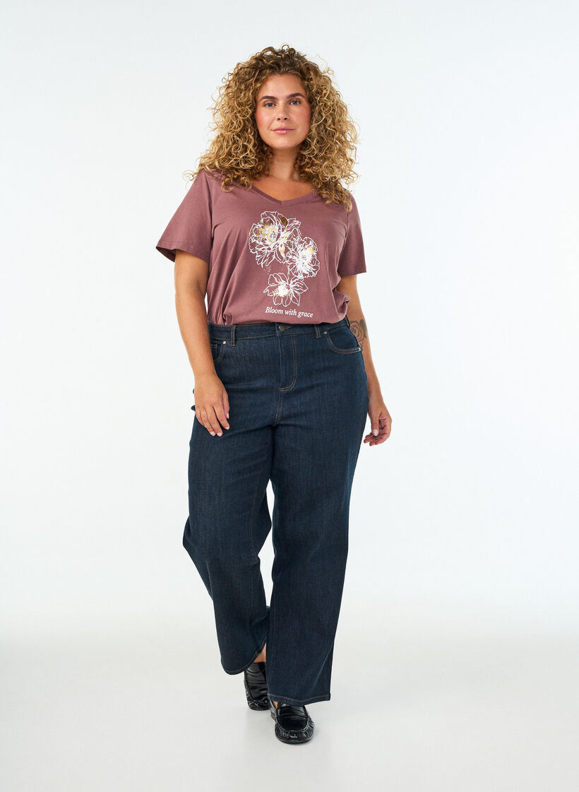 T-shirt i bomull med tryck framtill och v-ringning, Rosa, Model image number 1