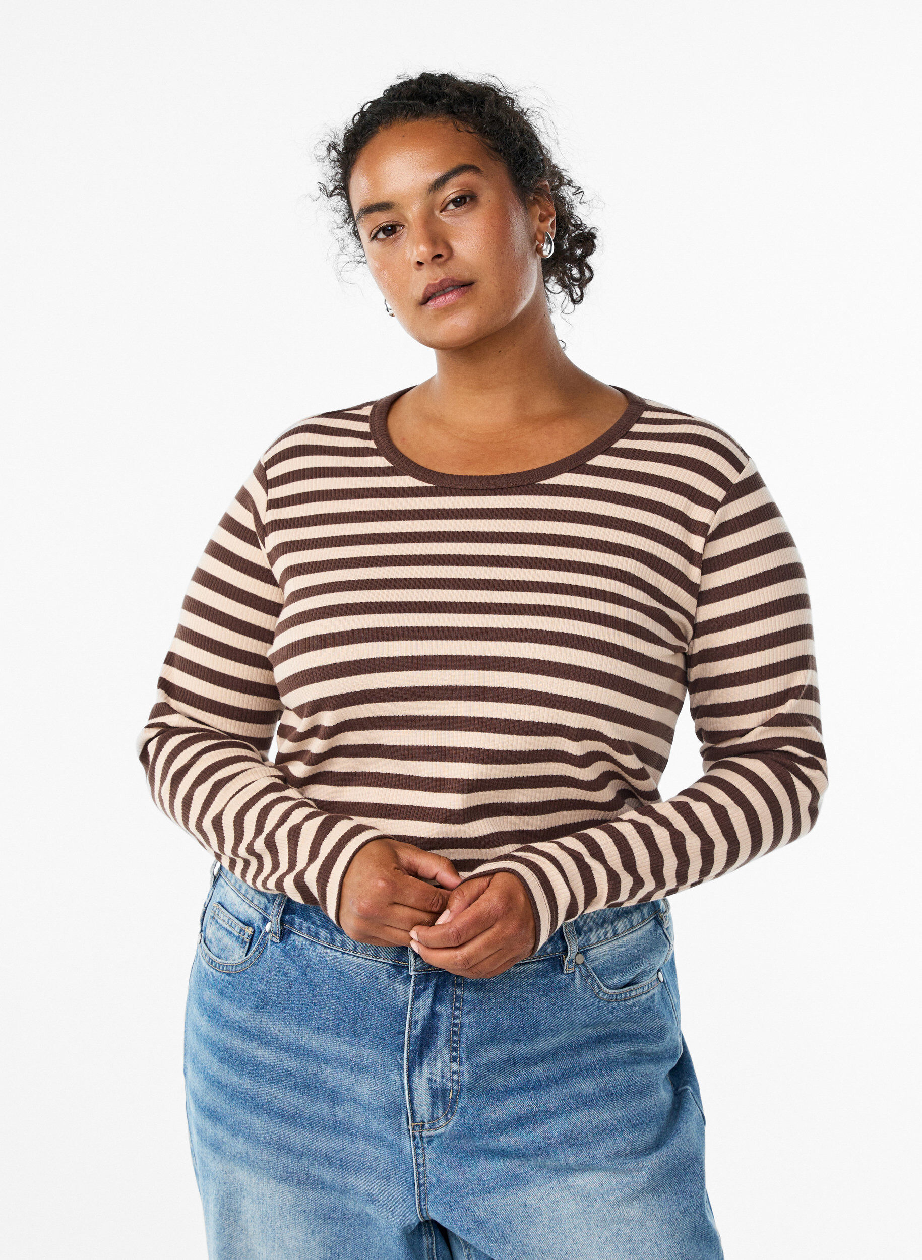 ZizziRandig blus med l&aring;nga &auml;rmar, Brun, Model image number 0