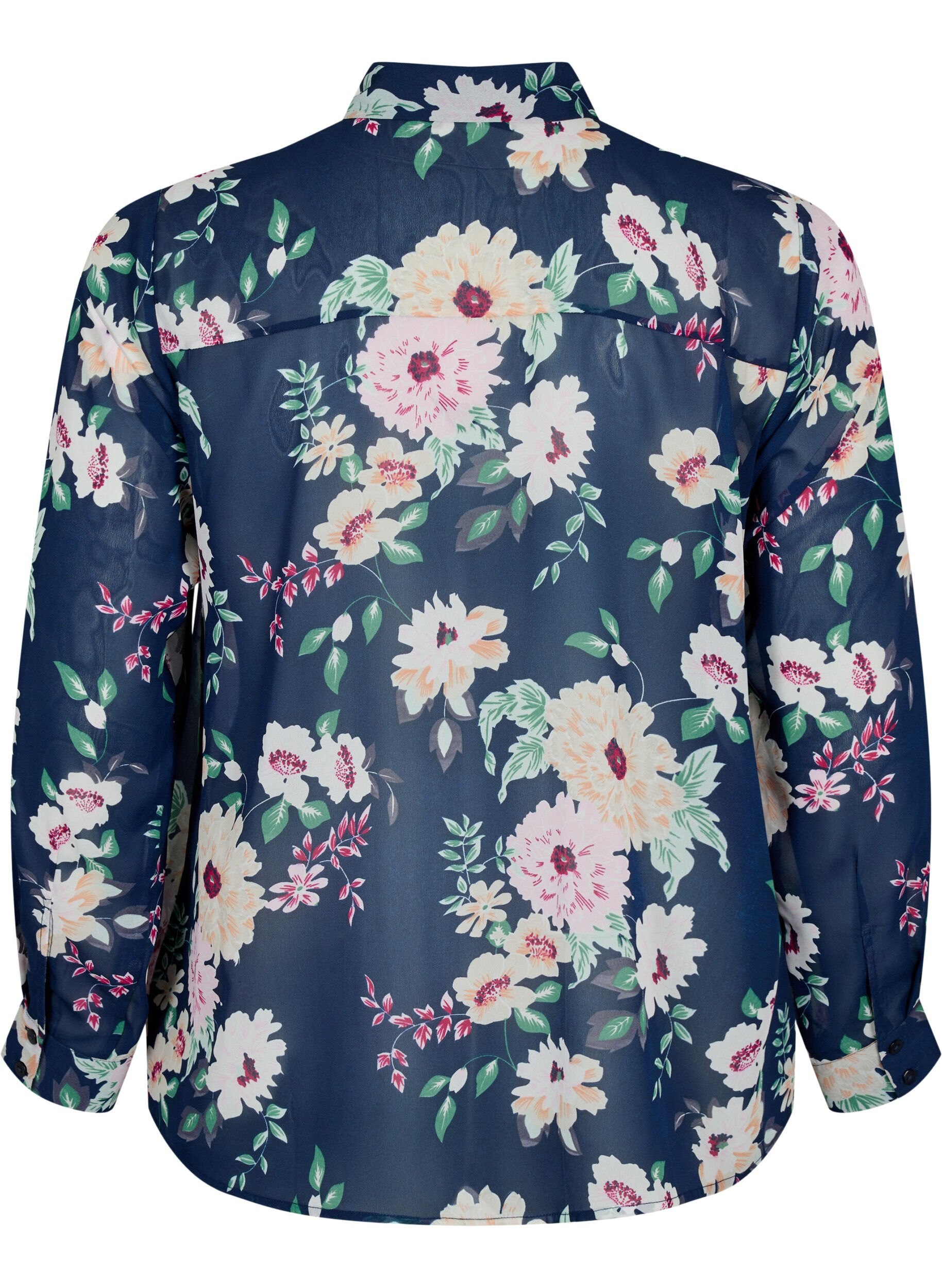 Zizzi FLASH - L&aring;ng&auml;rmad skjorta med blomm&ouml;nster, Navy Flower, Packshot image number 1