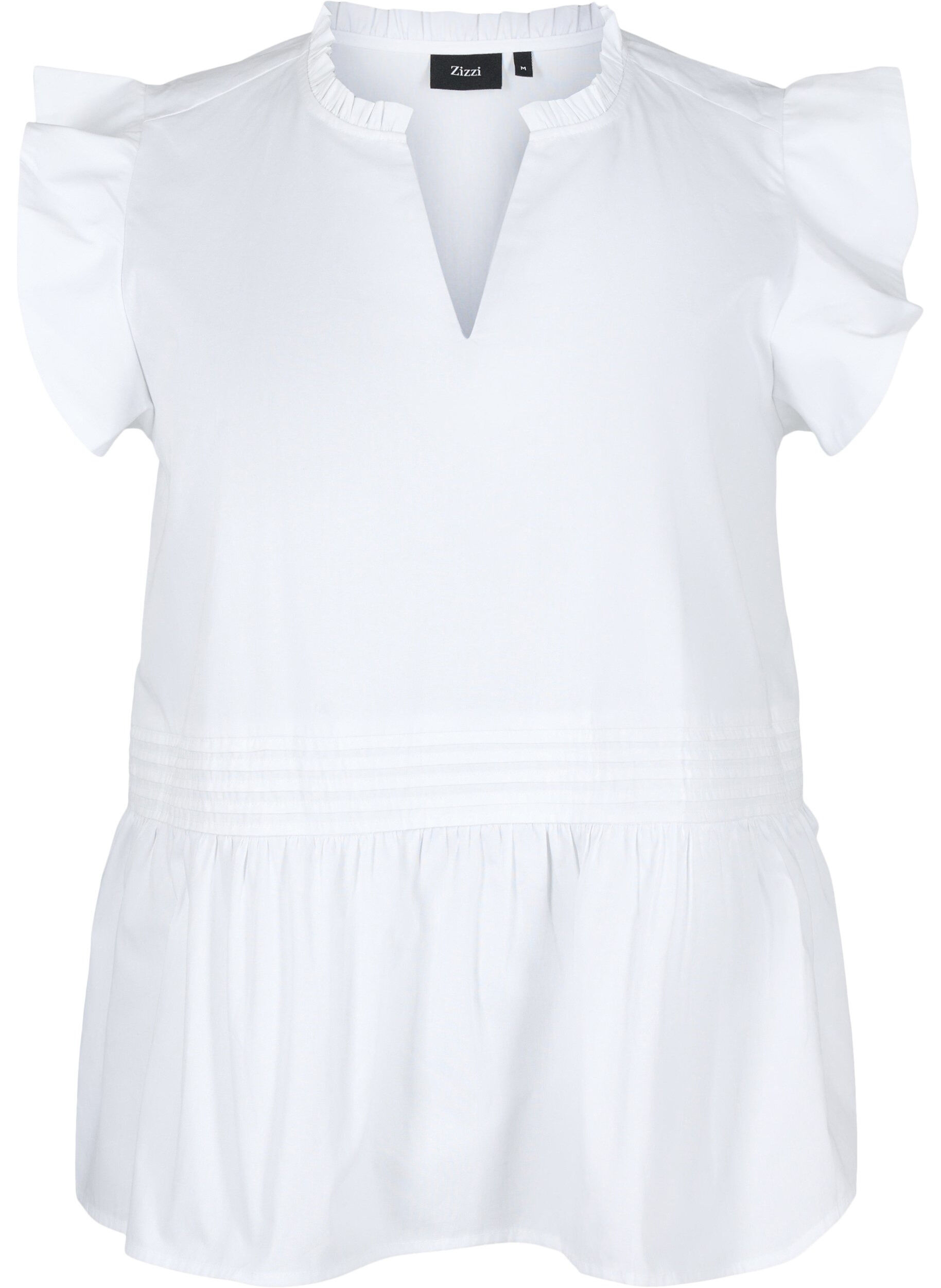 &Auml;rml&ouml;s topp med kn&auml;ppning och volangdetaljer