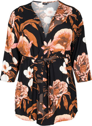 Blommig kimono i viskos, Black Flower AOP, Packshot image number 0