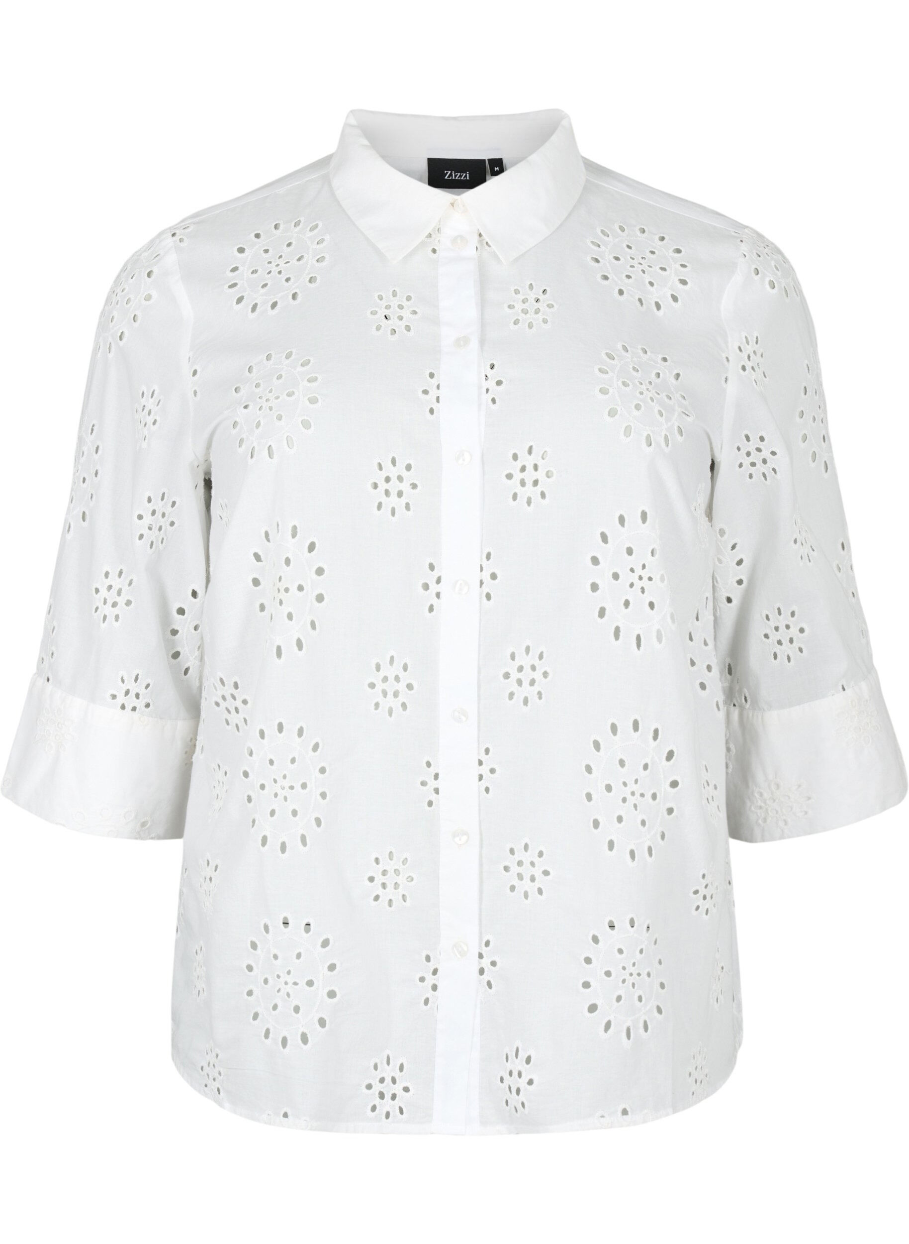 Zizzi Skjortblus med anglaise-broderier och trekvarts&auml;rmar, Bright White, Packshot image number 0