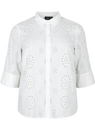 Skjortblus med anglaise-broderier och trekvartsärmar, Bright White
