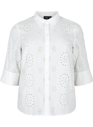Skjortblus med anglaise-broderier och trekvartsärmar, Bright White, Packshot image number 0