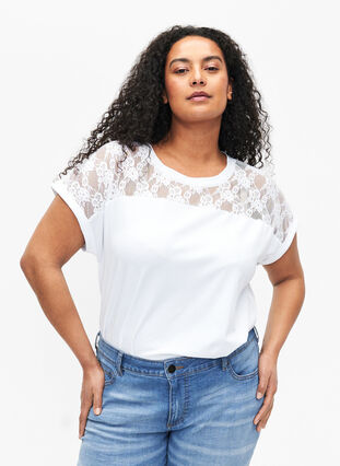 Kortärmad t-shirt av bomull med spets, Bright White, Model image number 0