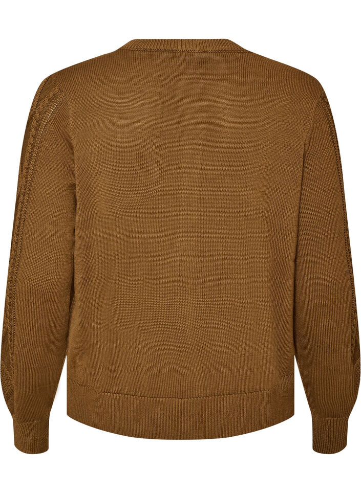 Kabelstickad cardigan med dekorativa knappar, Brun, Packshot image number 1