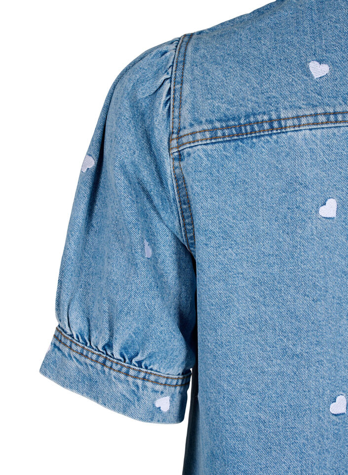 Jeansklänning med broderade hjärtan, Light blue denim, Packshot image number 3