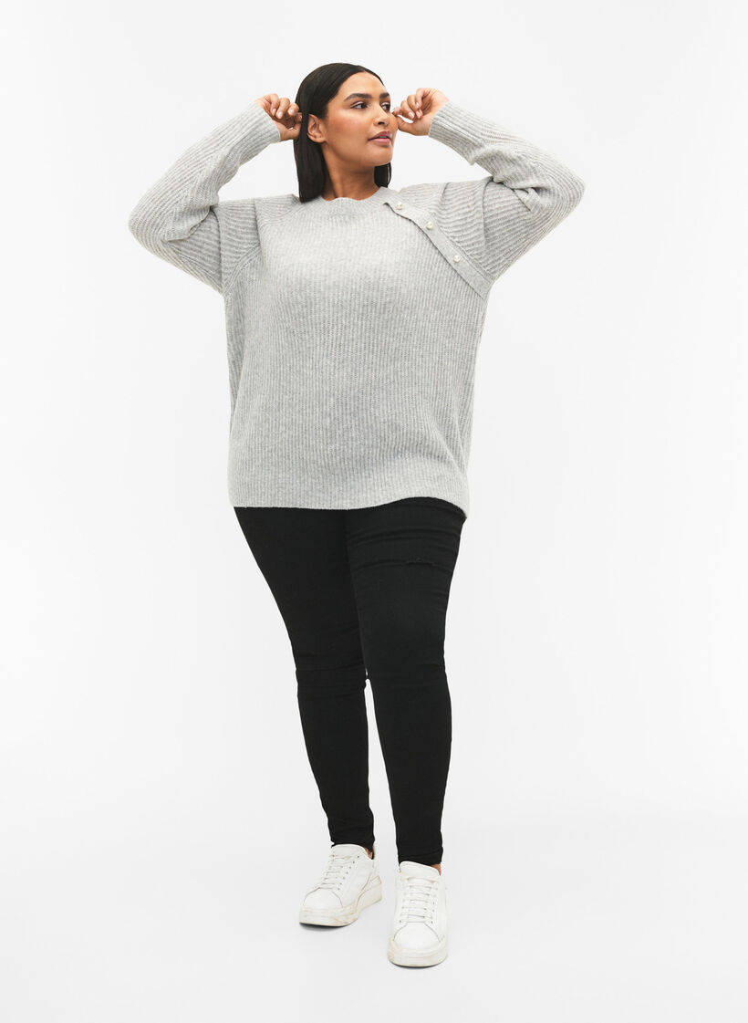Melerad pullover med pärlknappar, Light Grey Melange, Model image number 2