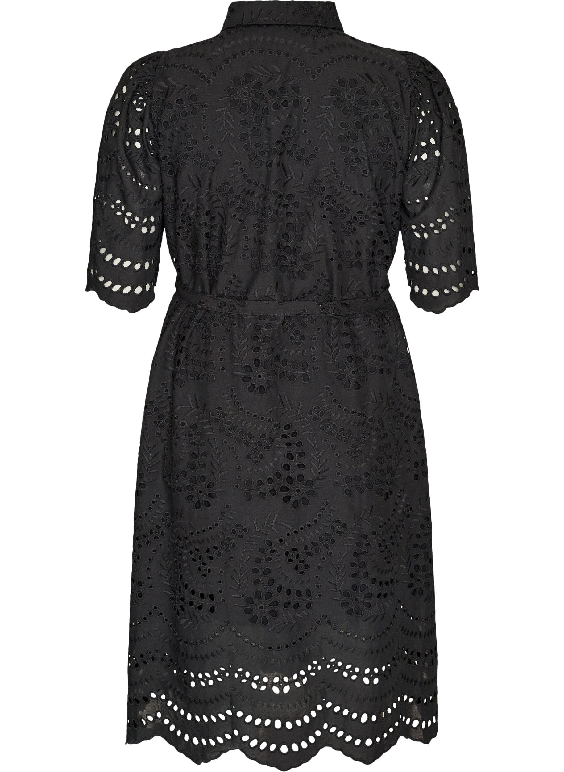 ZizziSkjortkl&auml;nning i broderie anglaise med knytb&auml;lte, Svart, Packshot image number 1