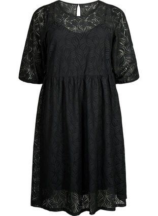 Spetsklänning med trekvartsärm, Black, Packshot image number 0