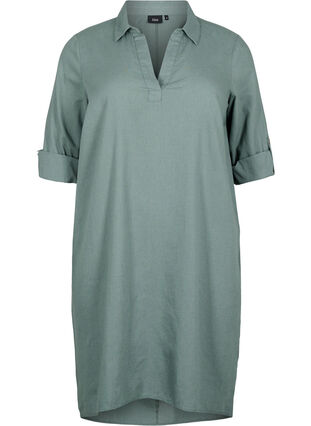 Randig klänning i bomull och linne, Balsam Green, Packshot image number 0