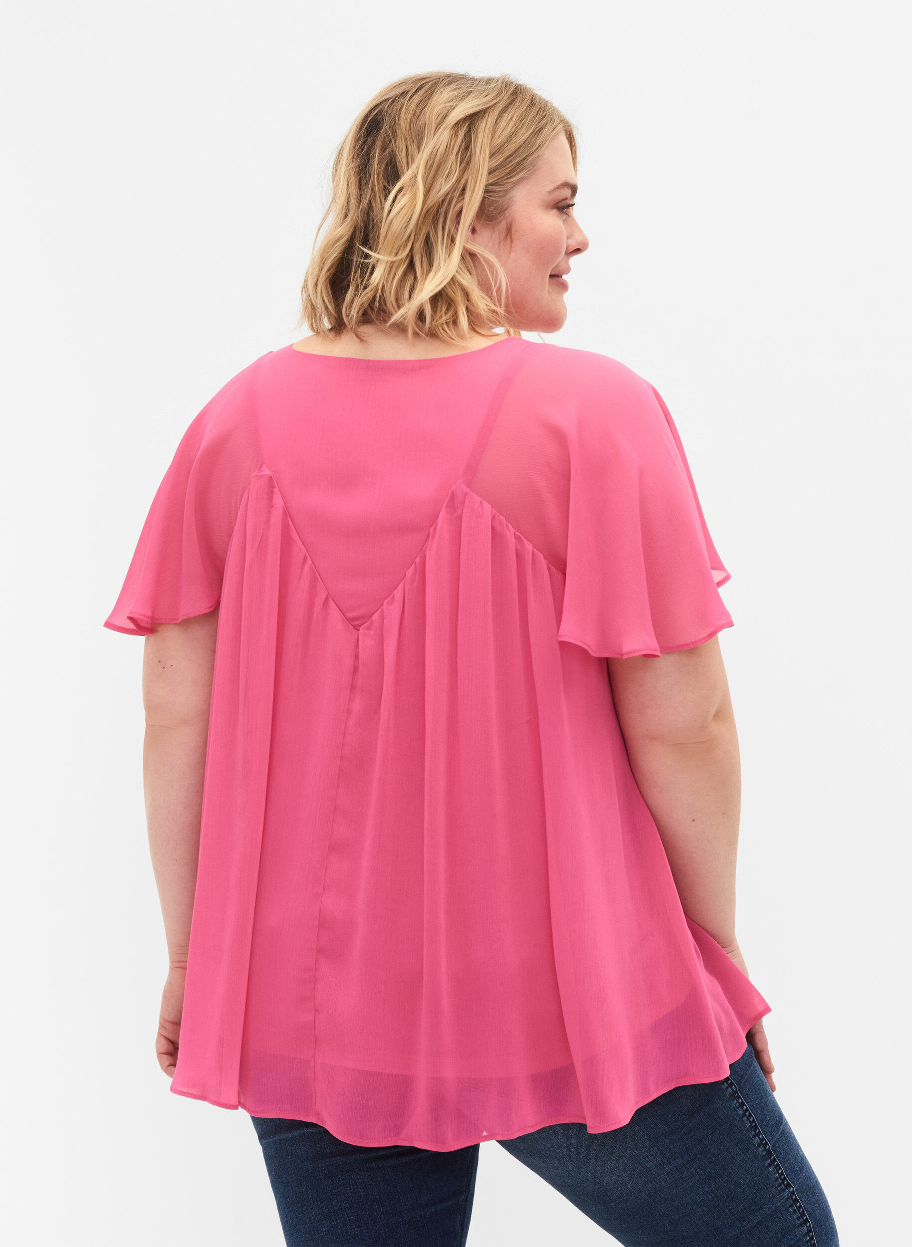 Zizzi Enf&auml;rgad blus med fladdermus&auml;rmar och V-ringad hals, Shocking Pink, Model image number 1