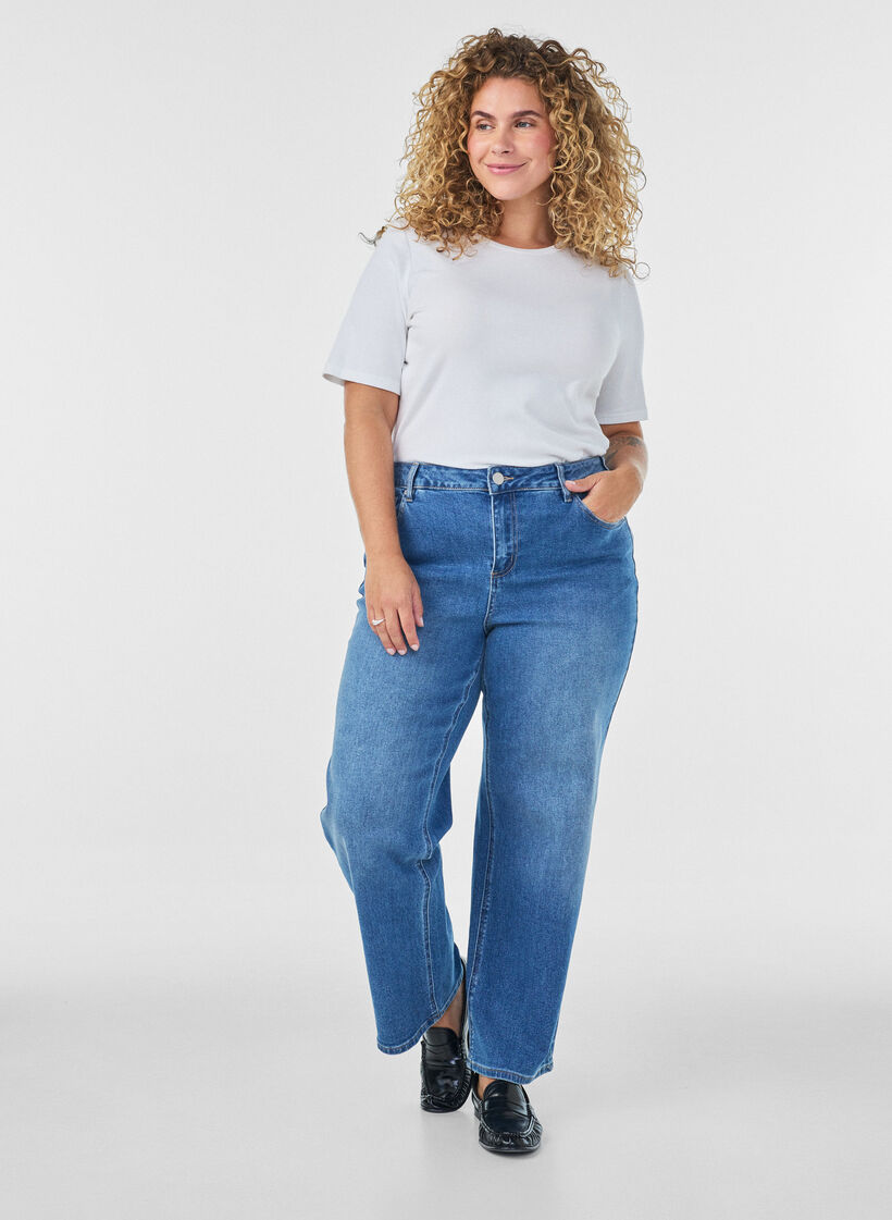 Raka jeans med en l&auml;tt sliten look, Bl&aring;, Model image number 0