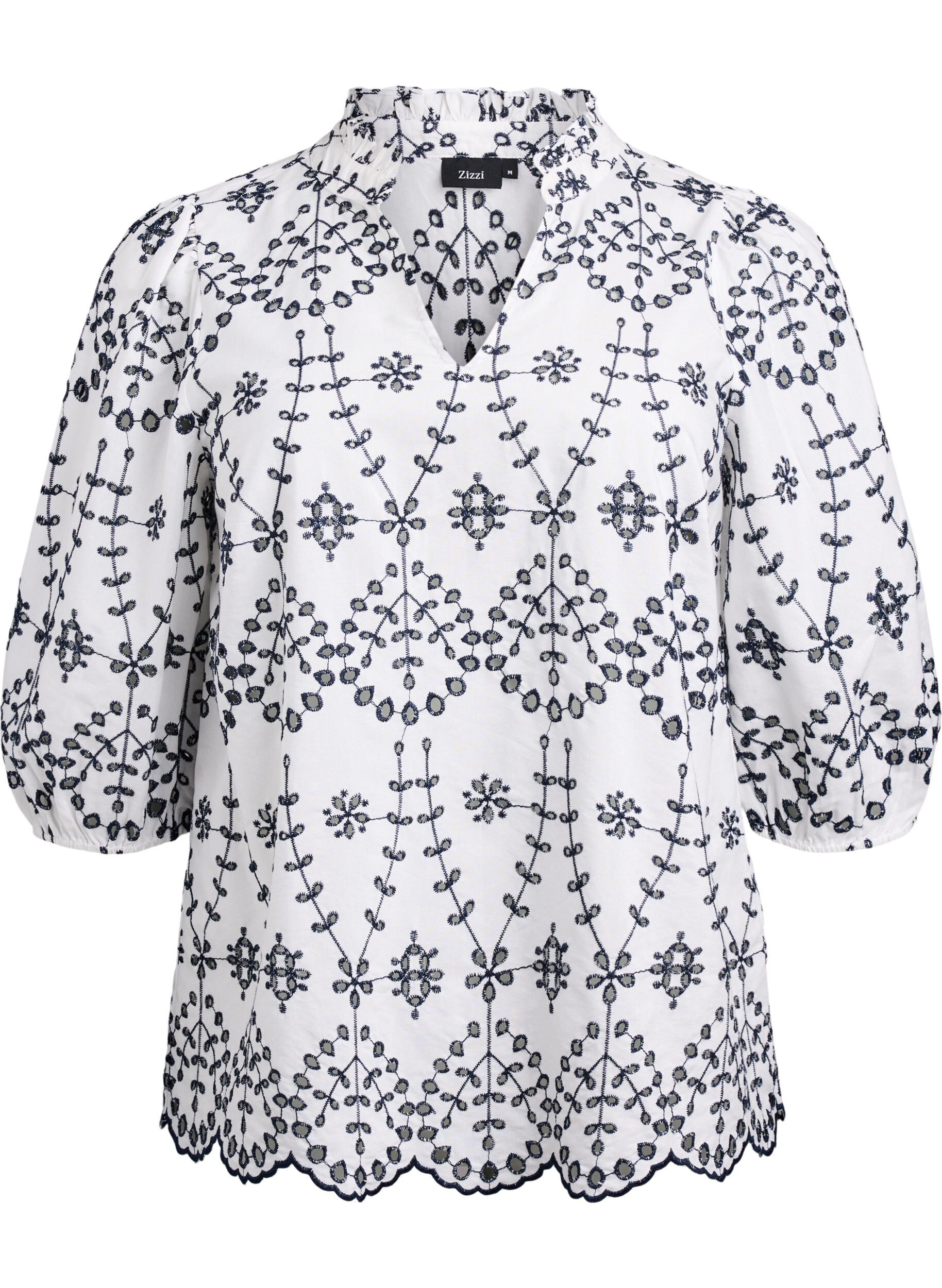 Zizzi Blus med 3/4-&auml;rm och broderie anglaise-detaljer, Vit, Packshot image number 0