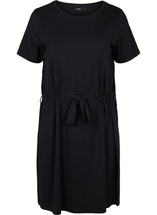 Kortärmad klänning med midjeband, Black, Packshot image number 0