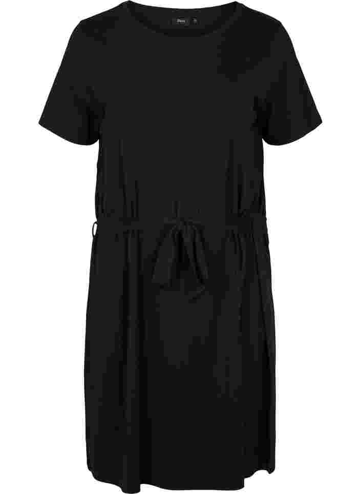 Kortärmad klänning med midjeband, Black, Packshot image number 0