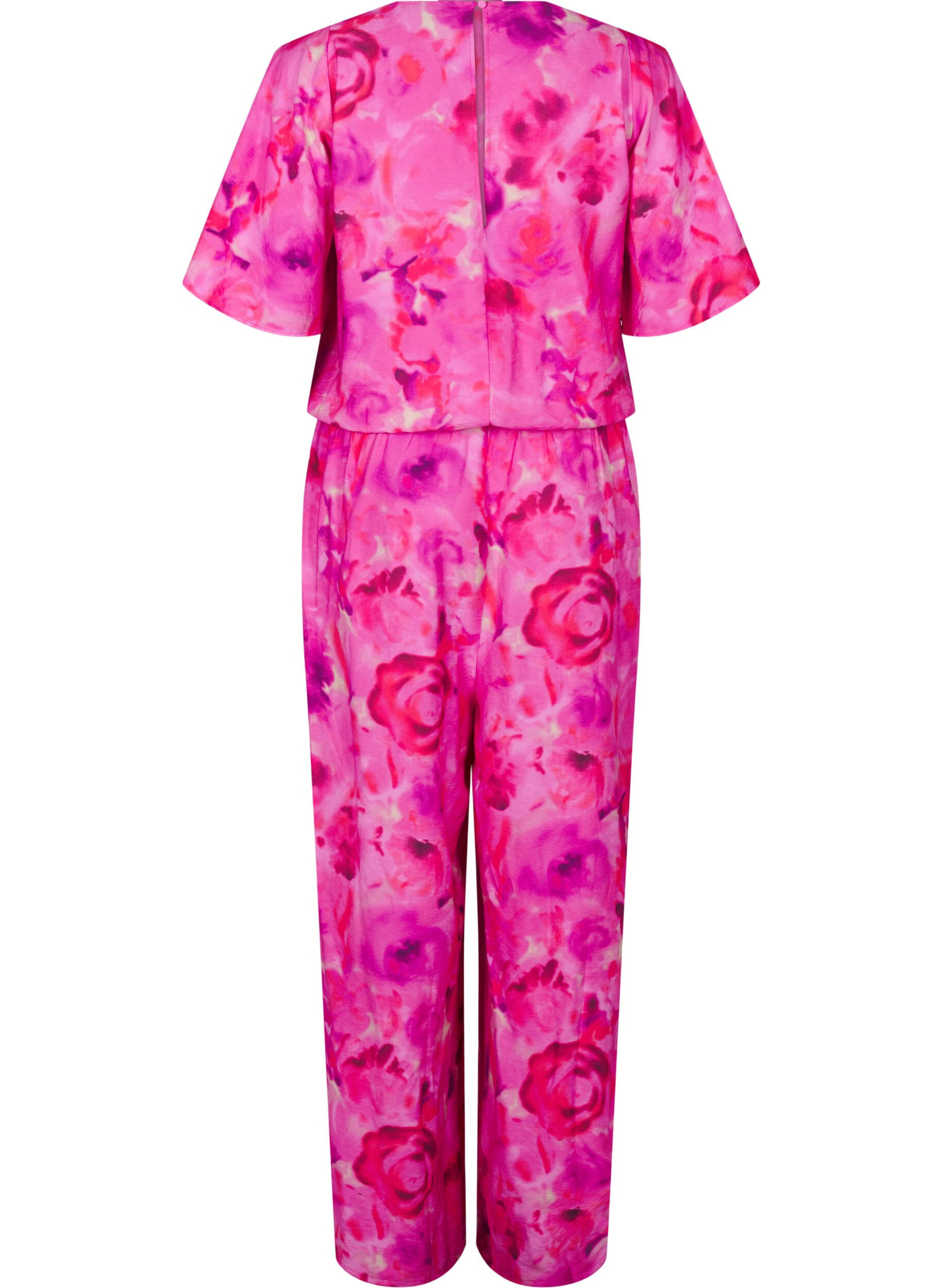 Zizzi Blommig byxdress med fladdermus&auml;rmar, Pink Rose AOP, Packshot image number 1