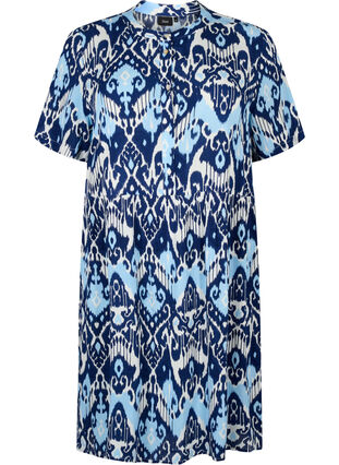 Kortärmad viskosklänning med tryck, Blue Ethnic AOP, Packshot image number 0