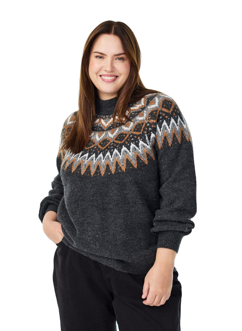 Stickad blus med mönster och hög hals, Grå, Model image number 0