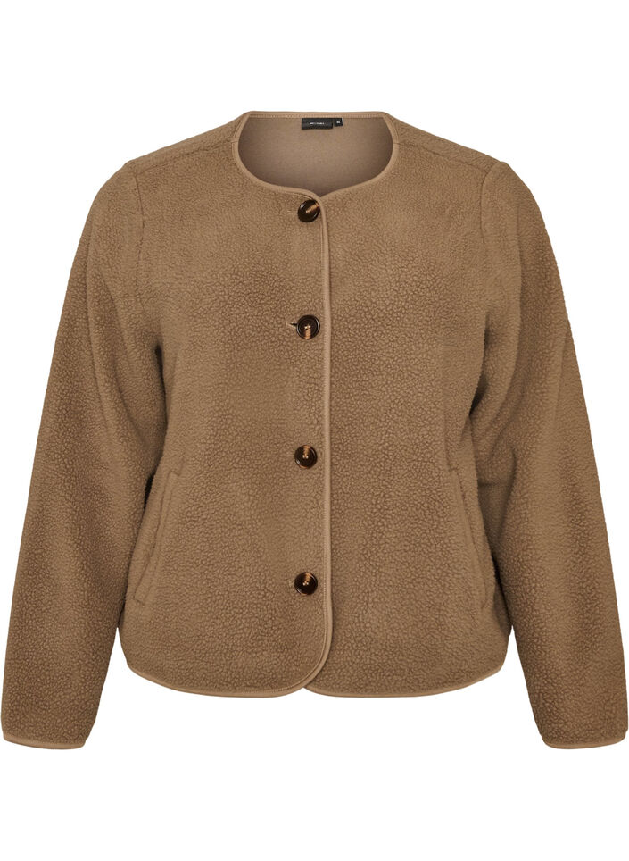 Teddyjacka med rund hals och knappar, Brun, Packshot image number 0
