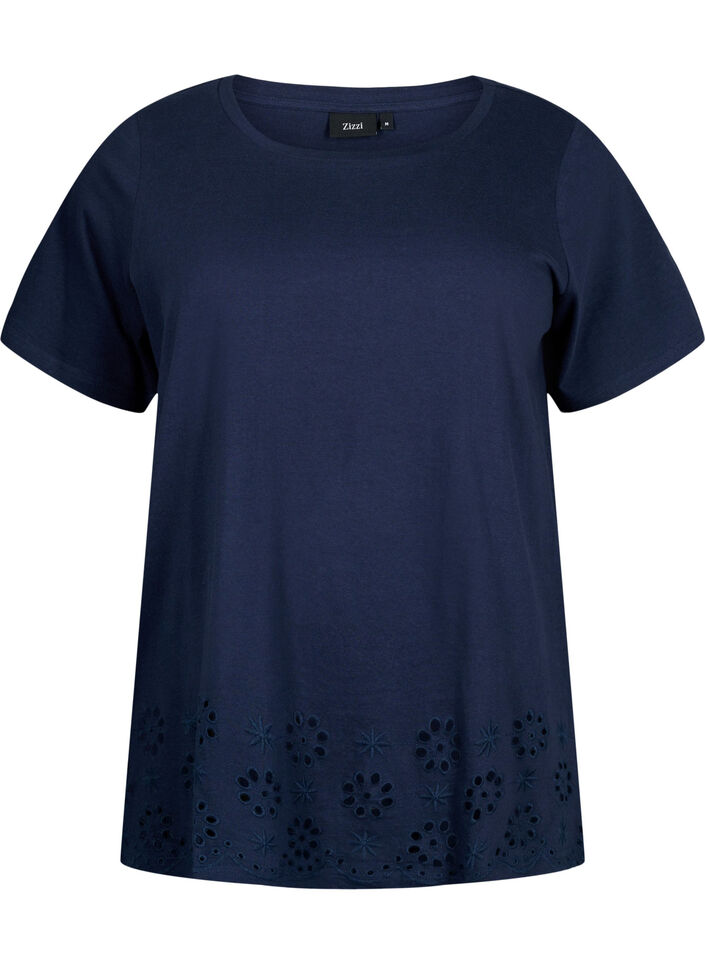 T-shirt i bomull med broderi anglaise, Navy Blazer, Packshot image number 0
