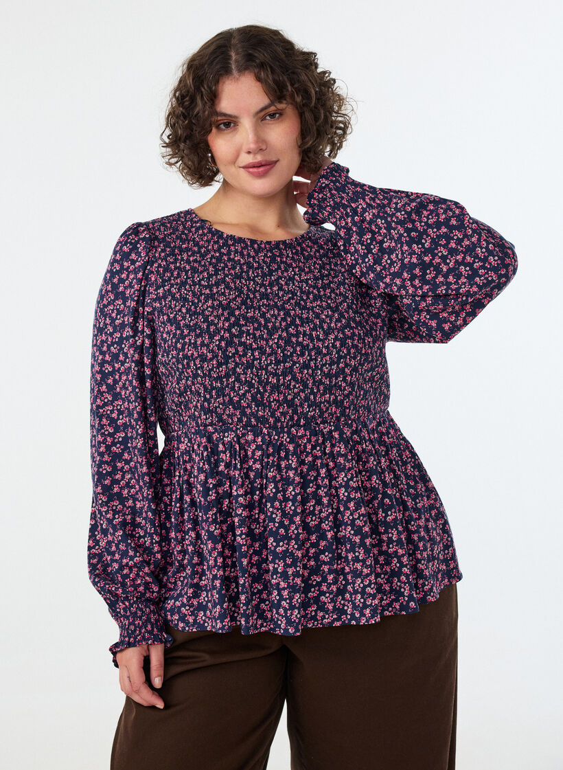 Blus med smock upptill och blommigt m&ouml;nster, Bl&aring;, Model image number 2
