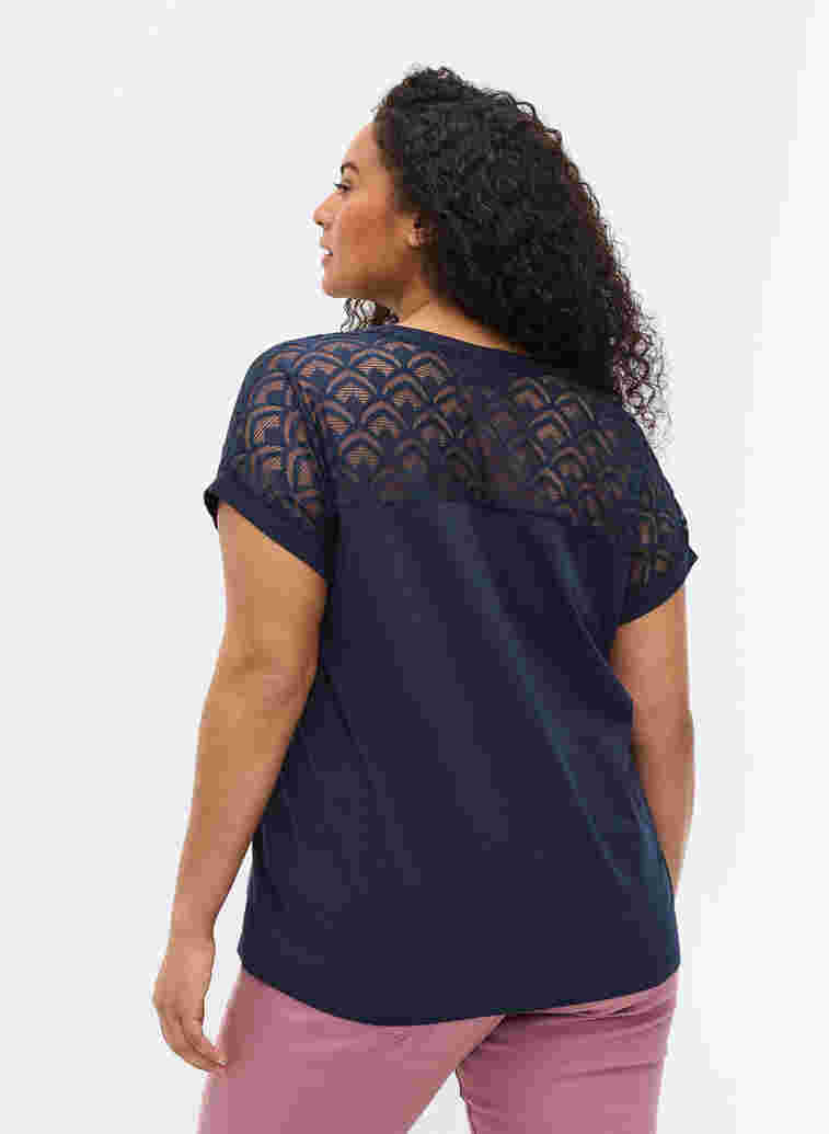 Kortärmad t-shirt av bomull med spets, Navy Blazer, Model image number 1