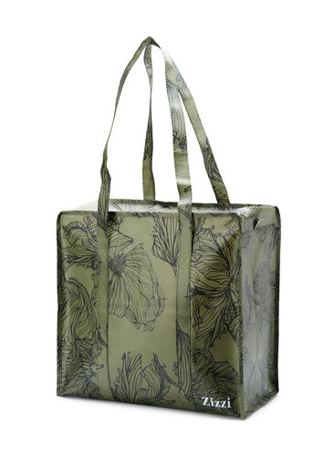 Shoppingsväska med dragkedja, Green Flower AOP, Packshot image number 0