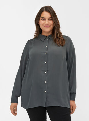 Skjorta med plissering och pärlknappar, Asphalt, Model image number 0