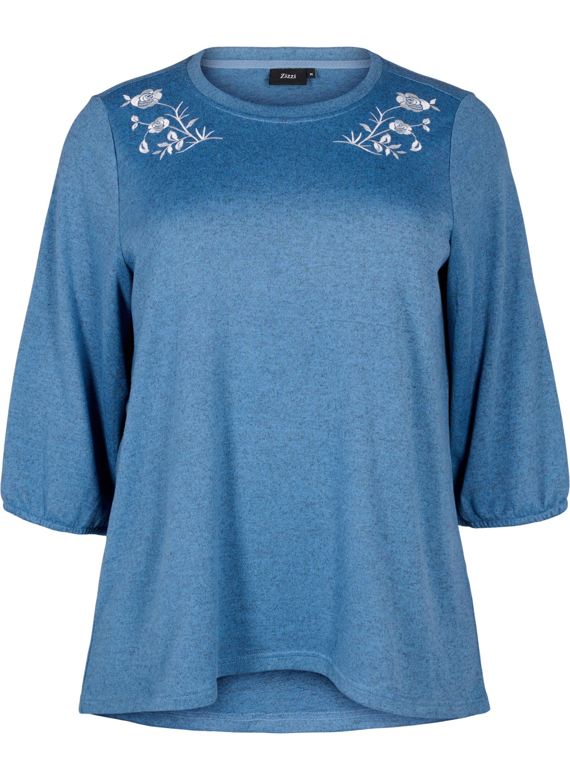 Zizzi Blus med blommigt broderi och 3/4-&auml;rmar, Copen Blue Melange, Packshot image number 0