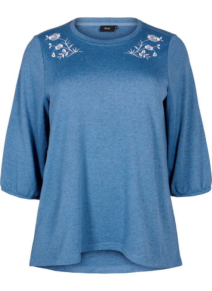 Blus med blommigt broderi och 3/4-ärmar, Copen Blue Melange, Packshot image number 0