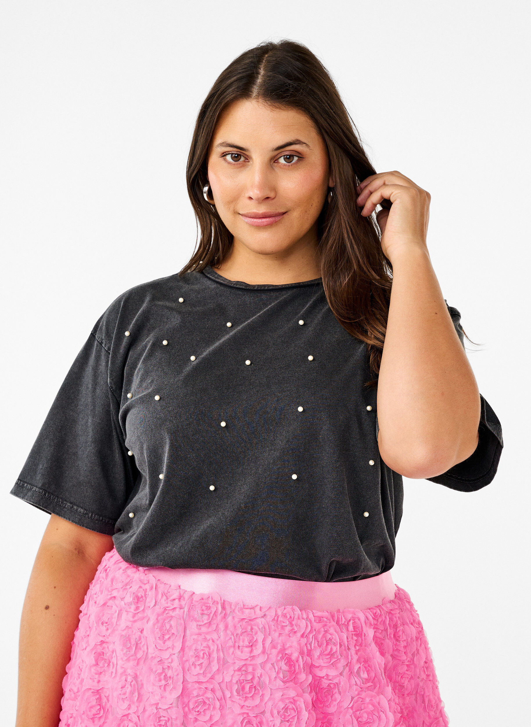 Zizzi T-shirt med p&auml;rlor, Grey washed, Model image number 0