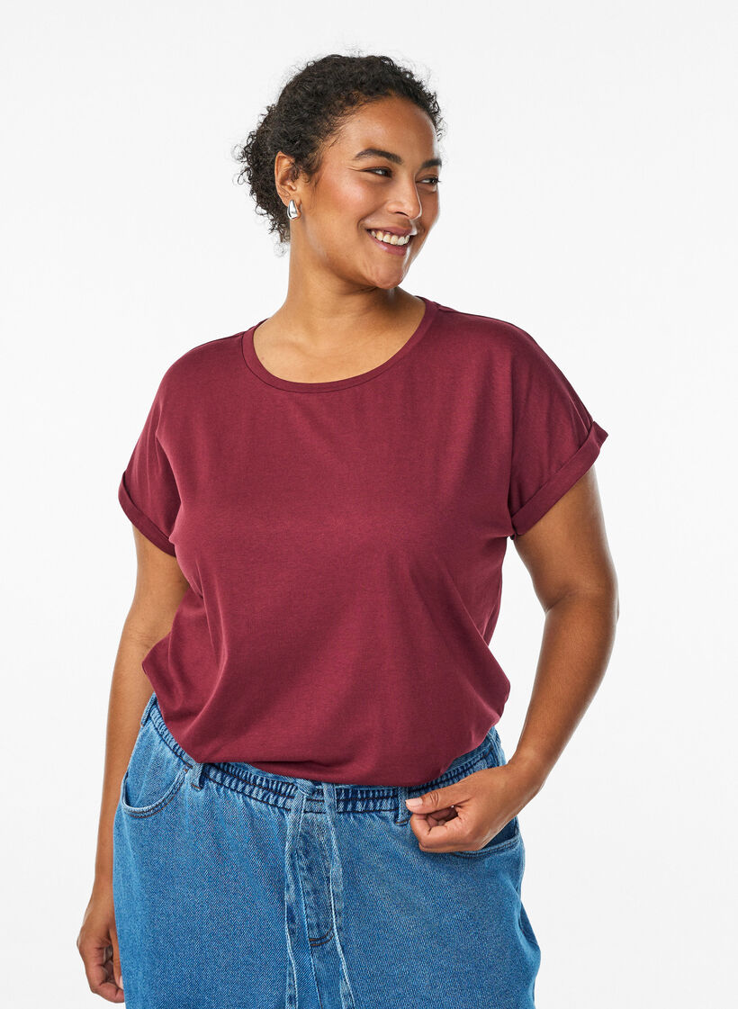 Kort&auml;rmad t-shirt i bomullsblandning, M&ouml;rk Bordeaux, Model image number 0