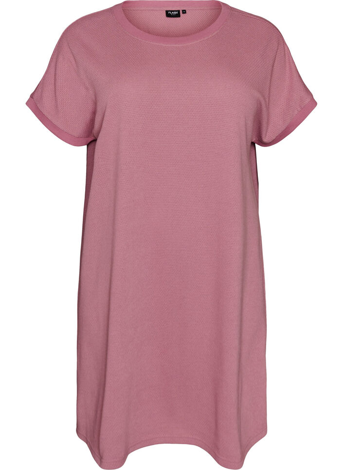 Kort kl&auml;nning i strukturerad jersey med rund halsringning, Rosa, Packshot image number 0