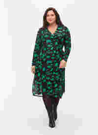 Omlottklänning i tryckt meshtyg, Black Green , Model