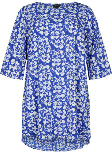 Mönstrad klänning med 3/4-ärmar, Blue White Flower, Packshot image number 0