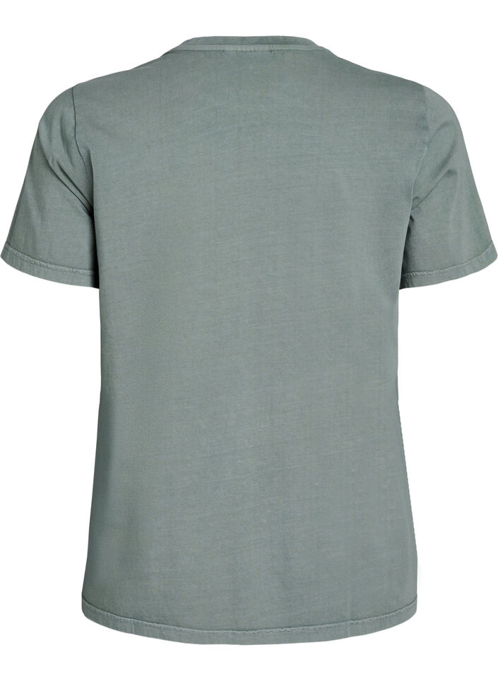 T-shirt i ekologisk bomull med text och blommigt tryck, Grön, Packshot image number 1