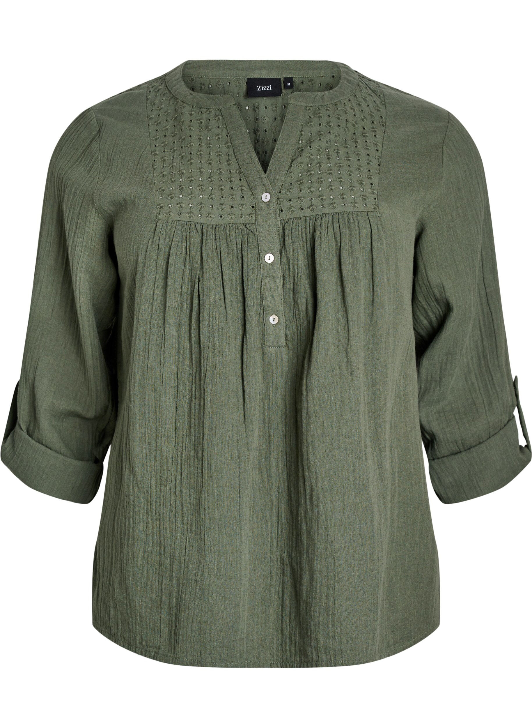 ZizziBlus i bomullsmuslin med broderie anglaise, Gr&ouml;n, Packshot image number 0