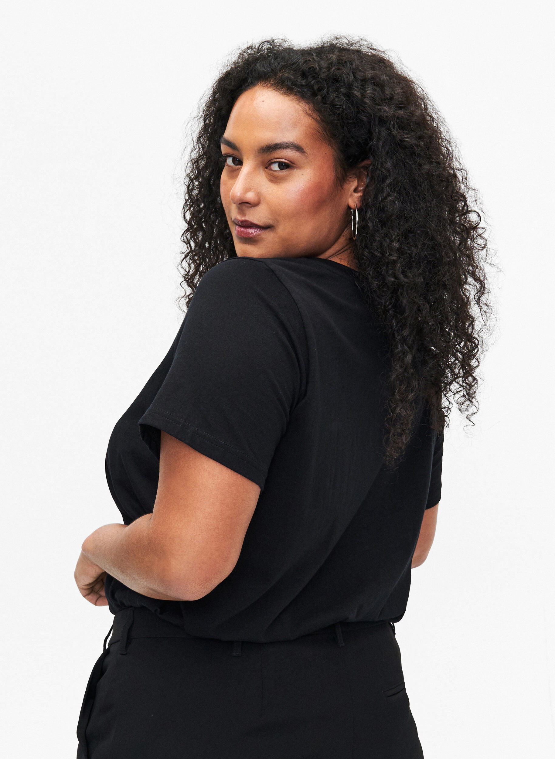 Zizzi T-shirt i bomull med motiv, Black w. Face Foil, Model image number 1