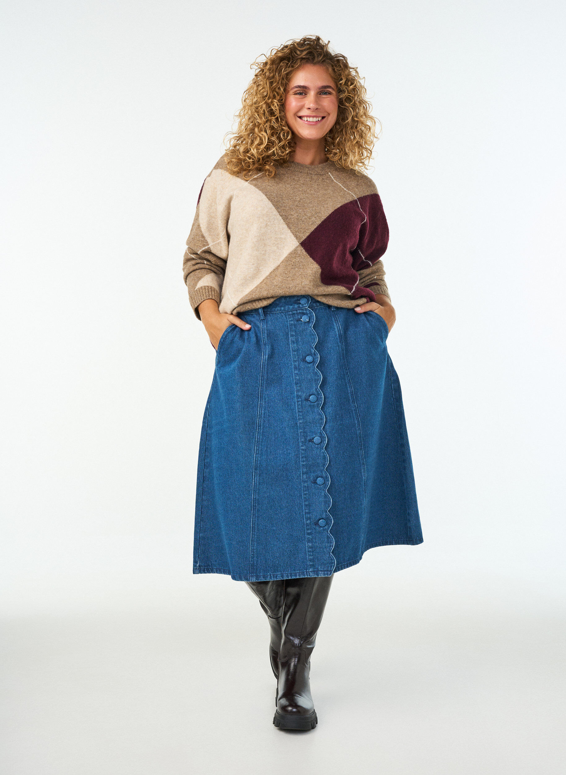 A-linjeformad jeanskjol med v&aring;gig knappsl&aring;, Bl&aring;, Model