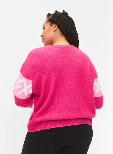 Randig stickad tröja med grafiskt mönster, Raspberry Rose Comb, Model image number 1